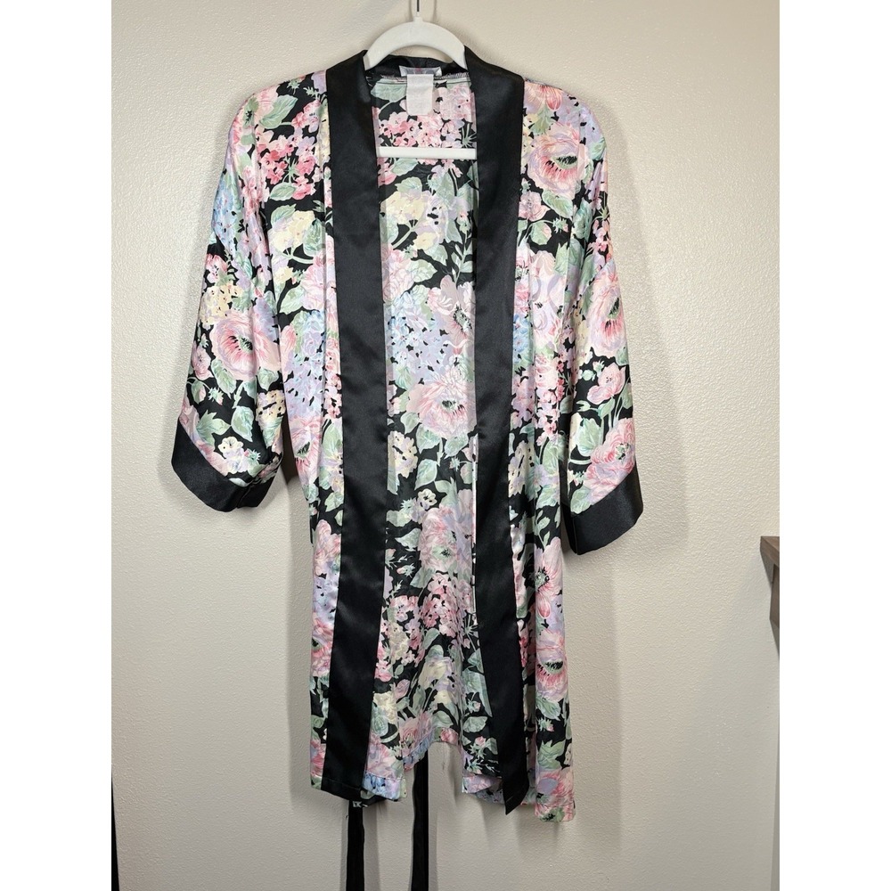 LA Intimates VTG Satin Pink Black‎ Floral Kimono Belted Robe Womens S/M  USA